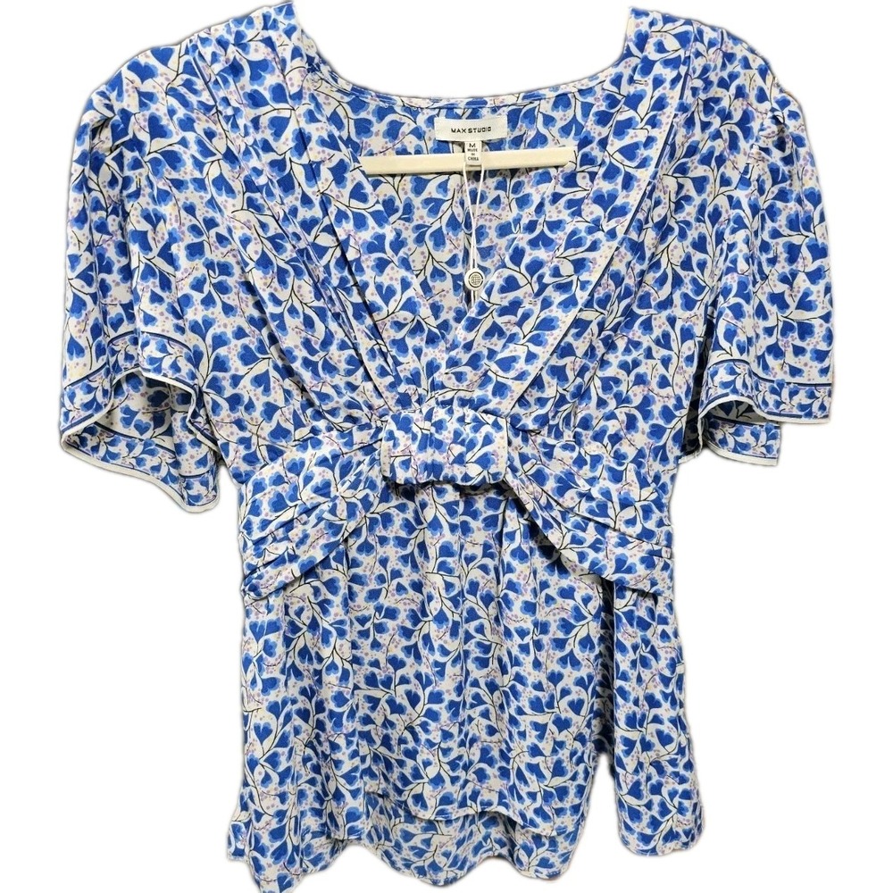 Max Studio Blue Floral Chic Blouse W Sz M Smocked Waist‎ Knot Front NWT 2704D30